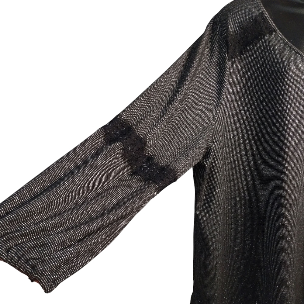 COMO Vintage Blouse Women's Black Silver Metallic V-Neck Lace Trimmed Sz 3X - Picture 7 of 11